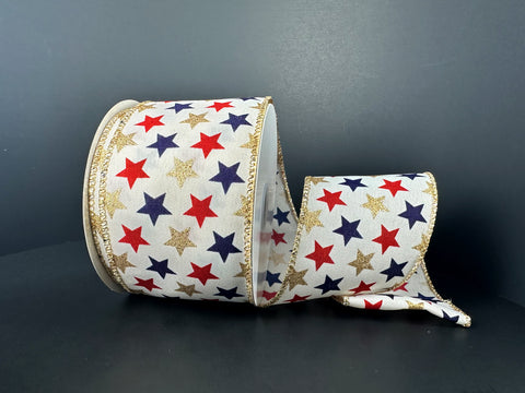 Ivory Satin w/ Red, Blue & Gold Glitter Stars Wired Ribbon - 2.5" x 10yds