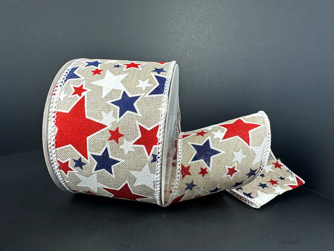Tan Burlap w/ Red, White, & Blue Stars Wired Ribbon - 2.5" x 10yds