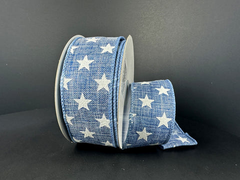 Denim w/ White Stars Wired Ribbon - 1.5" x 10yds