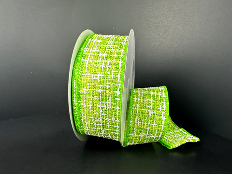 Lime Green Embellished Tweed Wired Ribbon - 1.5" x 10yds
