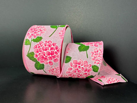 Pink Hydrangea on Linen Wired ribbon - 2.5" x 10yds