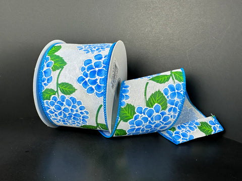 White Burlap w/ Blue Hydrangeas Wired Ribbon - 2.5" x 10yds