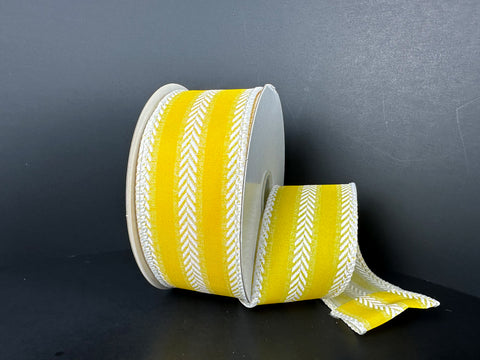 Yellow & White Herringbone Striped Wired Ribbon - 1.5" x 10yds
