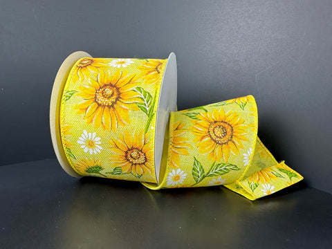 Yellow Burlap w/ Sunflowers & Daisey Wired Ribbon - 2.5" x 10yds