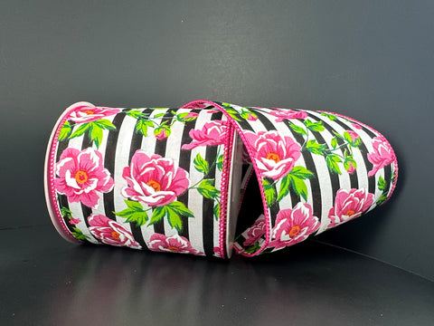Black & White Striped & Pink Peony Wired Ribbon - 4" x 10yds