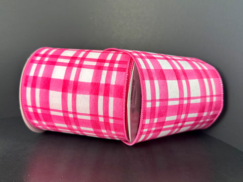Hot Pink Watercolor Tuttola plaid Wired Ribbon - 4" x 10yds