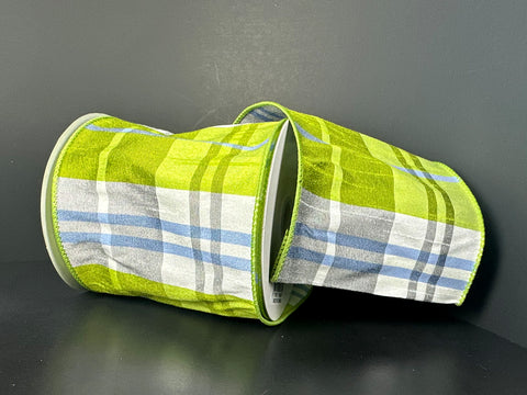 Lime, Grey & Blue Plaid Wired Ribbon - 4" x 10yds