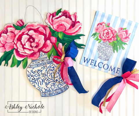 GIFT BOX Combo!! Chinoiserie Peony Blooms - Door Hanger, Vinyl Garden Flag and Small Bow