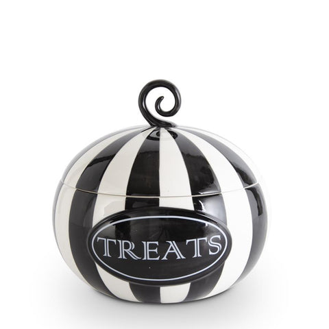 9.25" - Black & White Striped Pumpkin Shape TREAT Lidded Container
