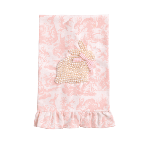 21" Toile Bunny Pearl Tea Towel - Pink/White