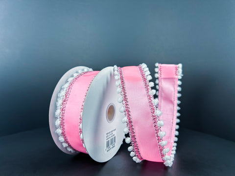 Pink Ribbed Satin w/ White Snowball Wired Ribbon - 1.5" x 10yds