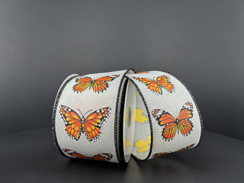 Ivory Burlap w/ Orange Butterfly Wired Ribbon - 2.5" x 10yds