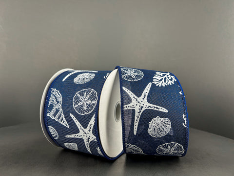 Beach Stamped Icons Navy/White Wired Ribbon - 2.5"x10Yds