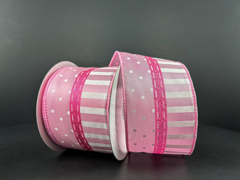 Pink Line/Dots and Stripes Wired Ribbon - 2.5" x 10yds
