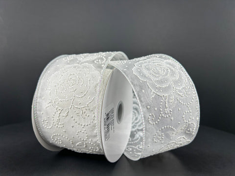 Sheer White Linen w/ Pearl Roses Wired Ribbon - 2.5" x 10yds