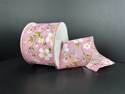 Pink Satin w/ Flaxseed Flowers Wired Ribbon - 2.5" x 10yds
