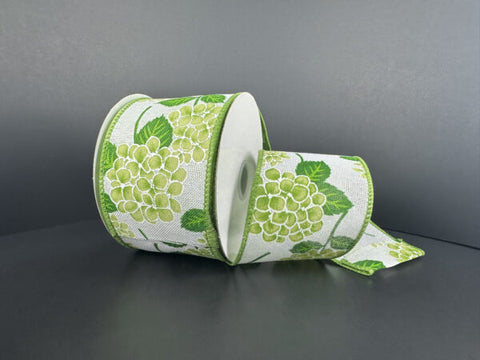 Green Hydrangeas On White Linen Wired Ribbon 2.5" x 10yds
