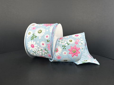 Light Blue Linen w/ Spring Florals - 2.5" x 10yds