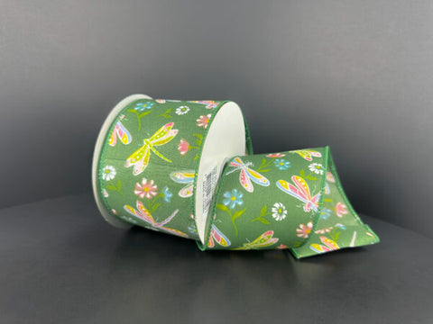 Floral & Dragonfly Wired Ribbon - 2.5" x 10yds