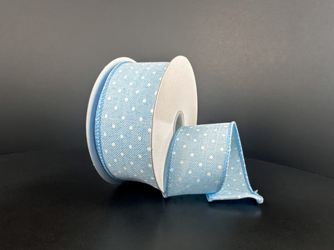 Light Blue w/ White Swiss Dots Wired Ribbon - 1.5" x 10yds