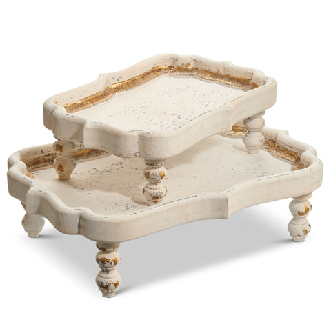 15" DISTRESSED WHITE FOOTED TRAYS - Set of 2
