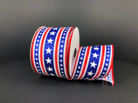 White Satin w/ Stars & Red Stripes Wired Ribbon - 2.5" x 10yds