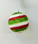 4" Horizontal Stripe Cut Tinsel Ball Ornament - White/Red/Green