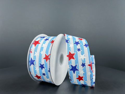 Light Blue & White Stipes w/ Red, White & Blue Stars Wired Ribbon - 1.5" x 10yds