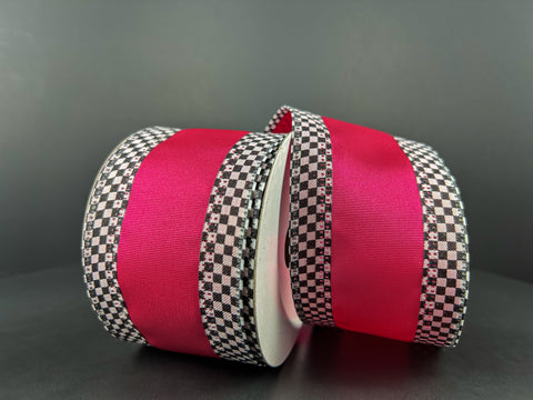 Hot Pink with Black & White Check Edge Wired Ribbon - 2.5" x 10yds