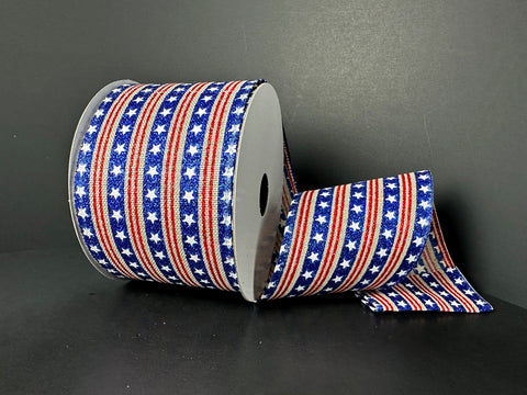 Tan Burlap w/ Glitter Stars & Red Stripes Wired Ribbon - 2.5" x 10yds