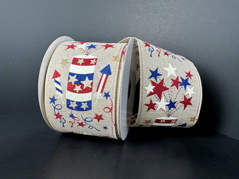 Tan Burlap w/ Fireworks Wired Ribbon - 2.5" x 10yds