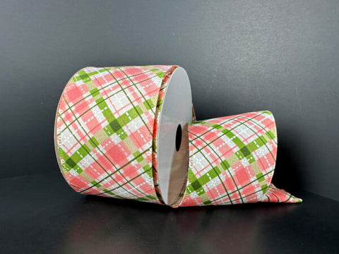 Cream, Coral & Moss Wired Ribbon - 2.5" x 10yds