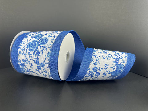 Chino w/ Blue Linen Edge Wired Ribbon - 4" x 10yds