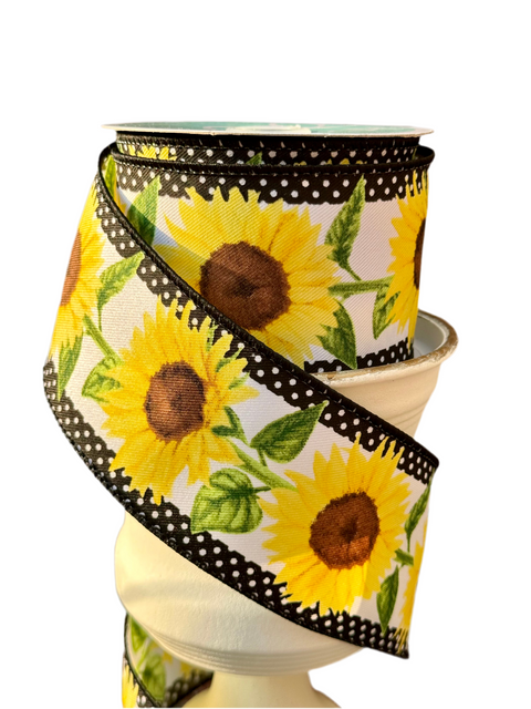 Sunflowers w/ Black & White Polka Dot Edge Wired Ribbon - 2.5” x 10 yds