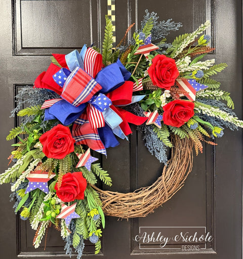*READY to SHIP* - Vintage Stars & Red Roses Patriotic Wreath