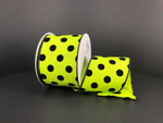 Black Flocked Dots On Lime Satin Wired Ribbon - 2.5" x 10yds