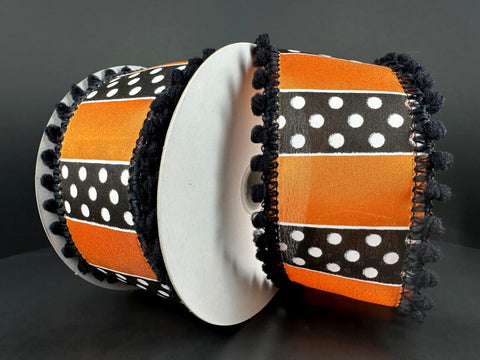 Orange & Black Stripe w/ Black Puff Edge Wired Ribbon - 2.5" x 10yds