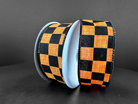 Orange & Black Printed Checkered Wired Ribbon - 1.5" x 10yds