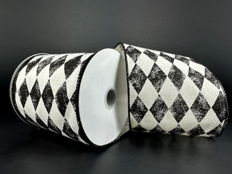 Linen/Black Faded Diagonal Checks Wired Ribbon - 4"x10Yds