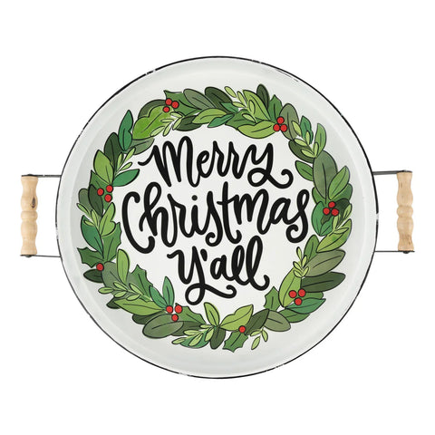 Merry Christmas Y'all Wreath Enamel Tray