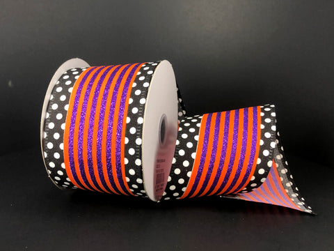 Orange & Purple Glitter Stripe w/  Black & White Polka Dot Edging Wired Ribbon - 2.5" x 10yds