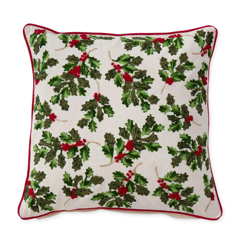 20" Cotton Holly Leaf & Berry Pillow - Cream/Green/Red