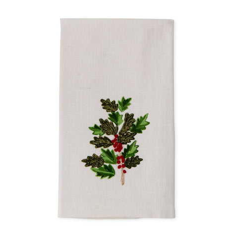 28" Holly Leaf & Berry Tea Towel - Cream/Green/Red