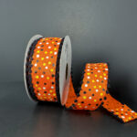 Halloween Polka Dots w/ Black Fuzzy Edge Wired Ribbon - 1.5" x 10yds