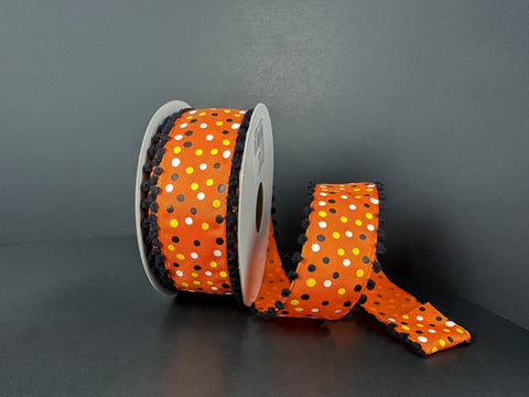 Halloween Polka Dots w/ Black Fuzzy Edge Wired Ribbon - 1.5" x 10yds