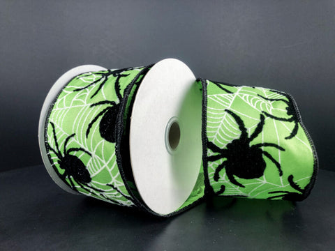 Flocked Spiders On Lime Satin Wired Ribbon - 2.5" x 10yds