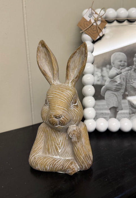 6" Resin Thoughtful Bunny - Weathered Brown - Paw on Chin