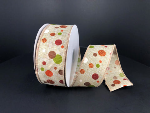 Natural Linen w/ Fall Dots Wired Ribbon - 1.5" x 10yds