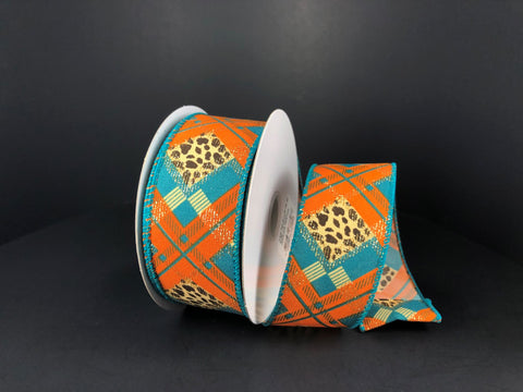 Cheetah Teal & Orange Argyle Plaid Wired Ribbon - 1.5" x 10yds