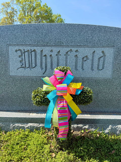 24" ~ 3-D Boxwood Cross STAKE & Bow - UV Resistant